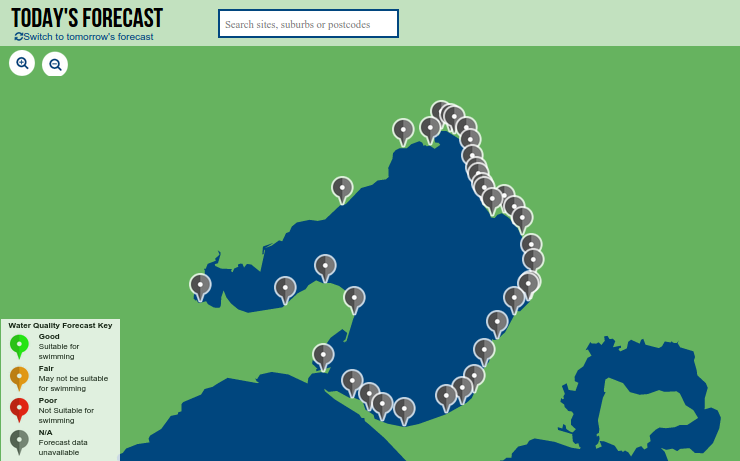 Governmentaly-issued map of the quality of water on Melbourne beaches